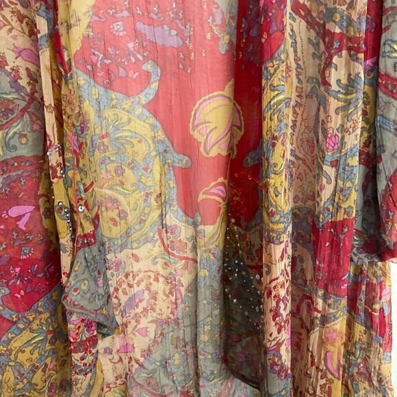 Soft Surroundings Fall Color Sz S M Kimono Crinkle Open Front Paisley Sequin Top - Picture 9 of 12